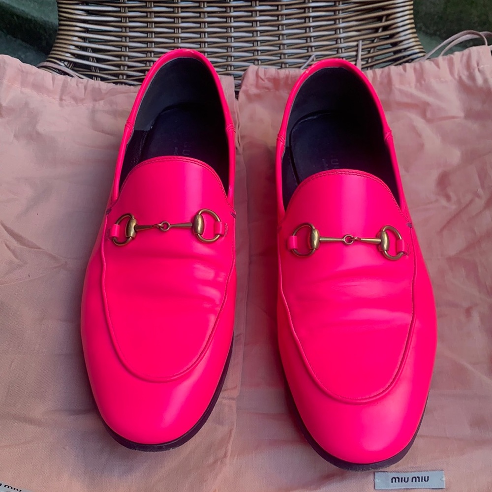 Gucci Neon Pink Leather Horsebit Loafers
